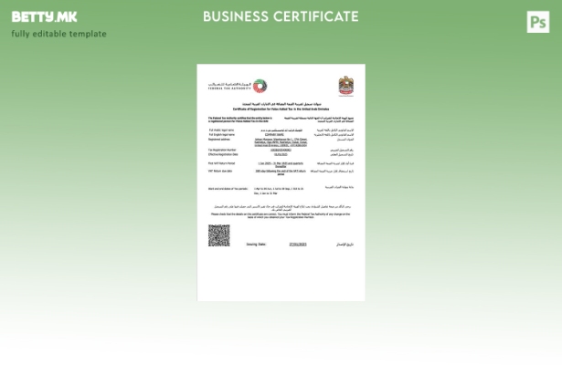 Модерен стил на ОАЕ сертификат за регистрација за шаблон за данок на додадена вр